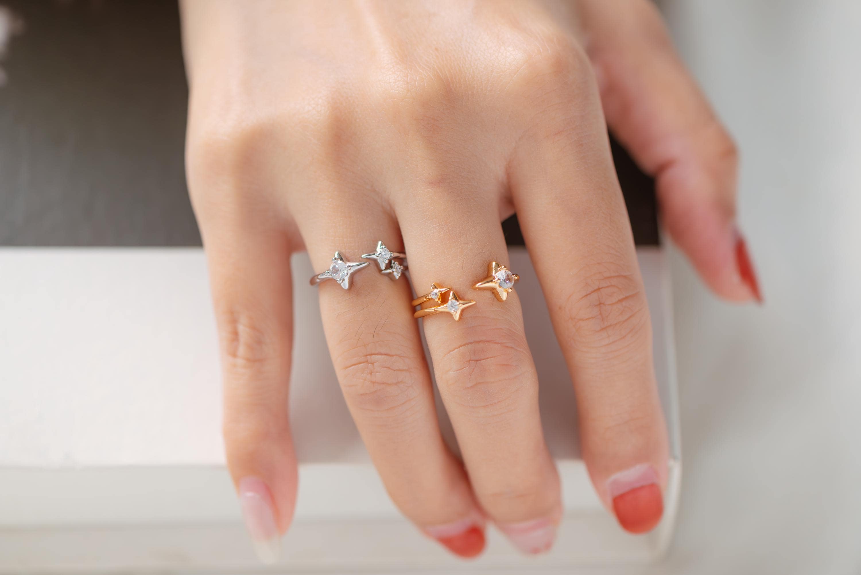 4pcs CZ Pave Gold/ Silver North Star Ring, Dainty Rings, Adjustable Ring, Statement Ring (JZ-007)